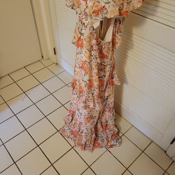 WAYF XXL Pink Floral Ruffle Maxi Dress Cutout Waist Spaghetti Strap Summer - Picture 4 of 9